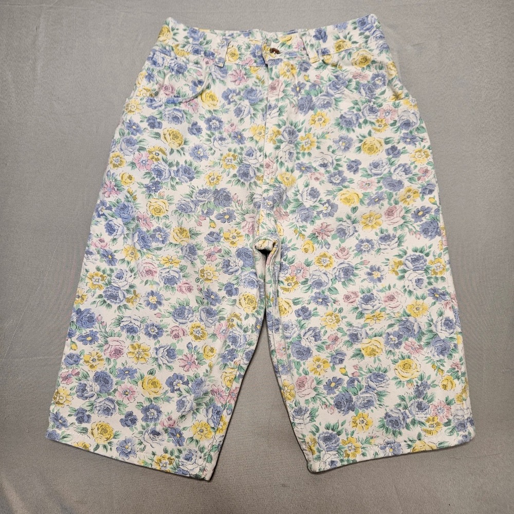 Vintage 90s Floral Denim Shorts Women 9 Multicolor High Rise Bermuda Cottagecore